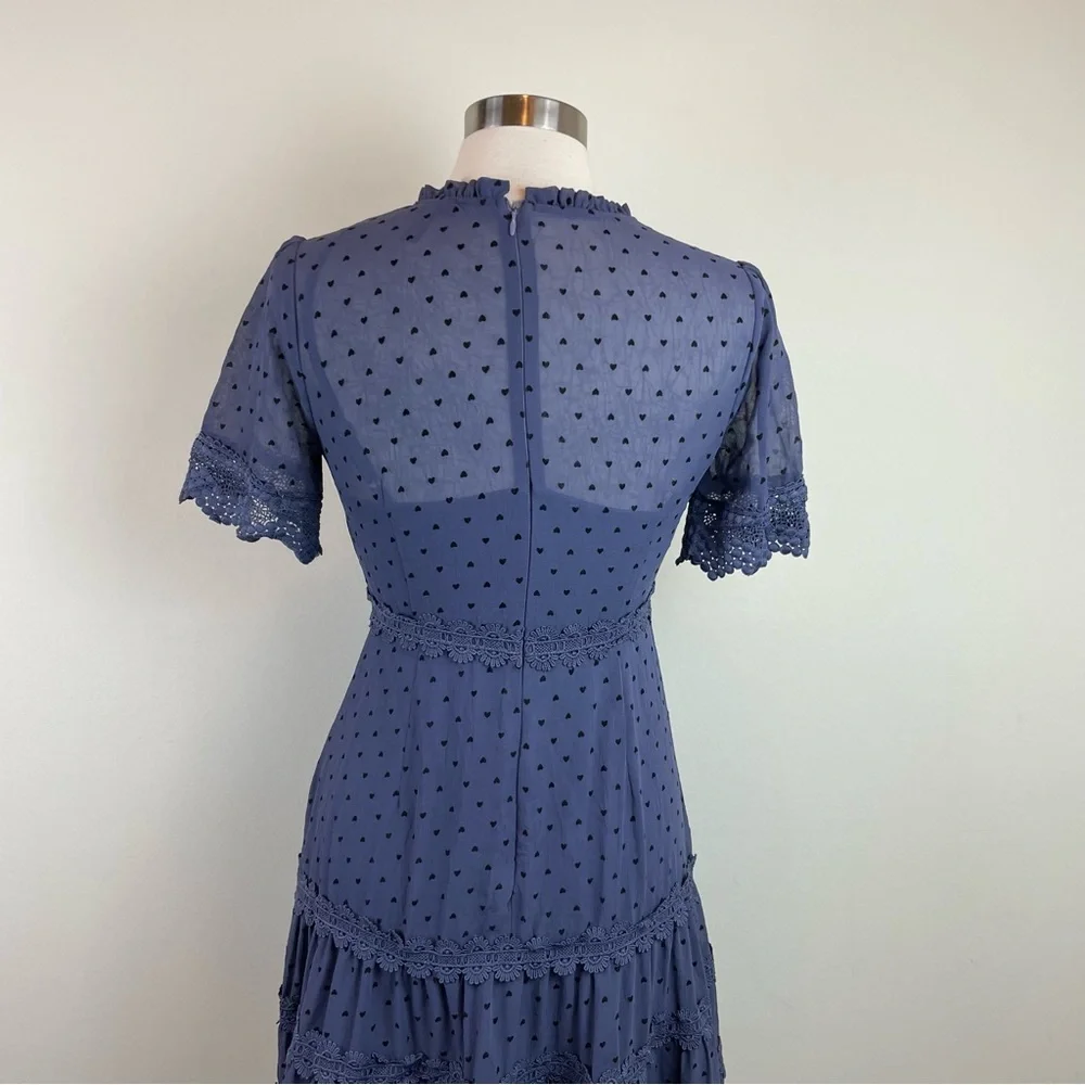 Aqua Blue Black Hearts Ruffle Lace Dress Women Size Small